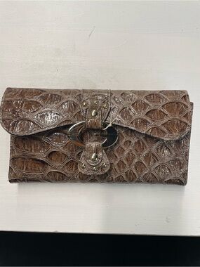 Brown Croc Embossed Patent Wallet Organizer Clutch Y2K - possibly Guess